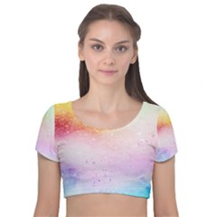 Rainbow Splashes Velvet Short Sleeve Crop Top  by goljakoff