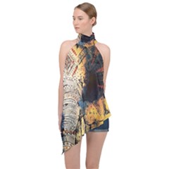 Elephant Mandala Halter Asymmetric Satin Top by goljakoff