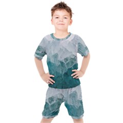 Blue Green Waves Kids  Tee And Shorts Set by goljakoff