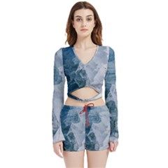 Blue Waves Velvet Wrap Crop Top And Shorts Set by goljakoff