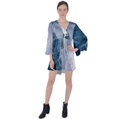 Blue Waves V-neck Flare Sleeve Mini Dress by goljakoff