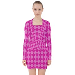 Pink Diamond Pattern V-neck Bodycon Long Sleeve Dress by ArtsyWishy