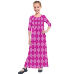 Pink Diamond Pattern Kids  Quarter Sleeve Maxi Dress