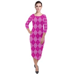 Pink Diamond Pattern Quarter Sleeve Midi Velour Bodycon Dress