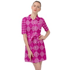 Pink Diamond Pattern Belted Shirt Dress