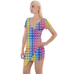 Digital Paper Stripes Rainbow Colors Short Sleeve Asymmetric Mini Dress