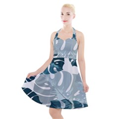 Monstera Leaves Background Halter Party Swing Dress 