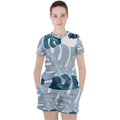Monstera Leaves Background Women s Tee And Shorts Set