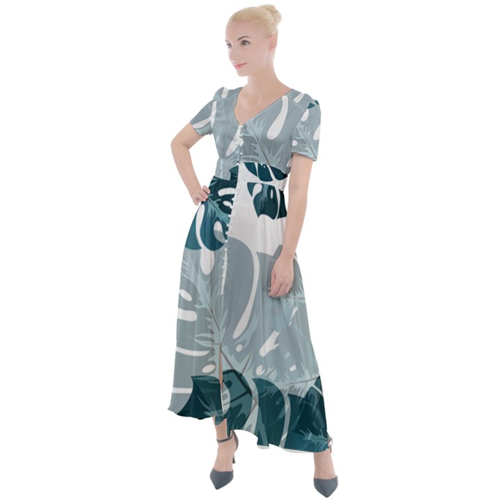 Monstera Leaves Background Button Up Short Sleeve Maxi Dress