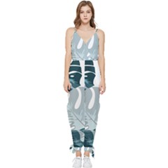 Monstera Leaves Background Sleeveless Tie Ankle Jumpsuit