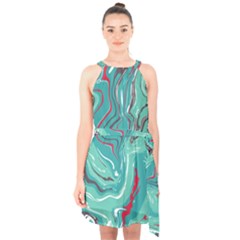 Green Vivid Marble Pattern 2 Halter Collar Waist Tie Chiffon Dress by goljakoff