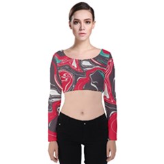 Red Vivid Marble Pattern 3 Velvet Long Sleeve Crop Top by goljakoff