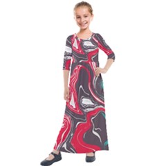 Red Vivid Marble Pattern 3 Kids  Quarter Sleeve Maxi Dress by goljakoff