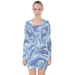 Blue Vivid Marble Pattern V-neck Bodycon Long Sleeve Dress by goljakoff
