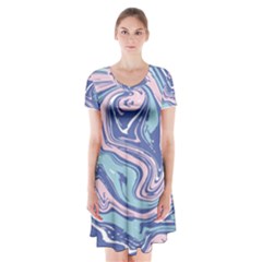 Blue Vivid Marble Pattern 10 Short Sleeve V-neck Flare Dress by goljakoff