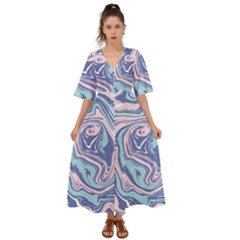 Blue Vivid Marble Pattern 10 Kimono Sleeve Boho Dress by goljakoff