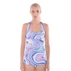 Rose And Blue Vivid Marble Pattern 11 Boyleg Halter Swimsuit  by goljakoff