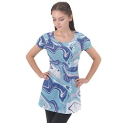 Blue Vivid Marble Pattern 12 Puff Sleeve Tunic Top by goljakoff