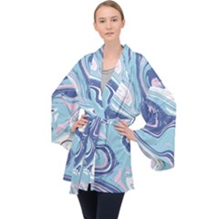 Blue Vivid Marble Pattern 12 Long Sleeve Velvet Kimono  by goljakoff