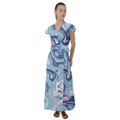 Blue Vivid Marble Pattern 12 Flutter Sleeve Maxi Dress by goljakoff