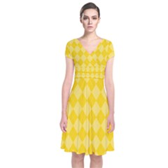 Yellow Diamonds Short Sleeve Front Wrap Dress