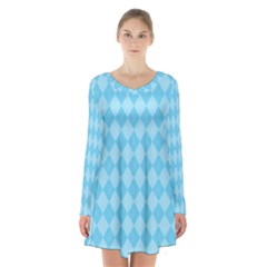 Baby Blue Design Long Sleeve Velvet V-neck Dress