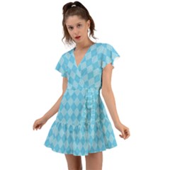 Baby Blue Design Flutter Sleeve Wrap Dress