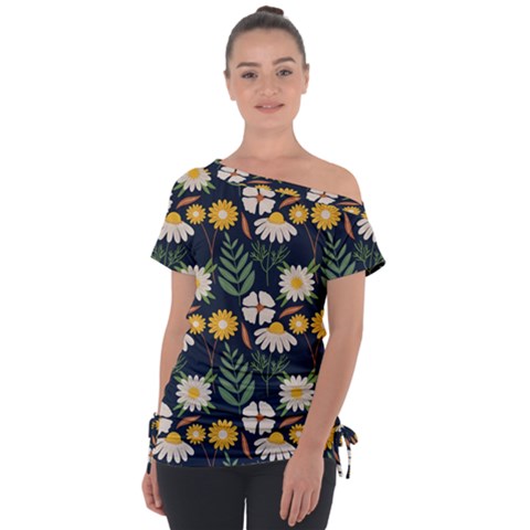 Flower Grey Pattern Floral Off Shoulder Tie-up Tee by Dutashop