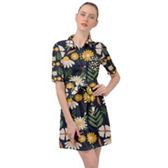 Flower Grey Pattern Floral Belted Shirt Dress by Dutashop