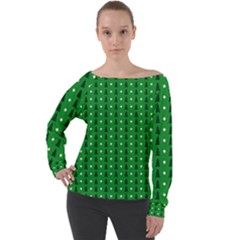 Green Christmas Tree Pattern Background Off Shoulder Long Sleeve Velour Top by Amaryn4rt