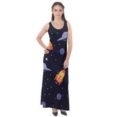 Cosmos Rockets Spaceships Ufos Sleeveless Velour Maxi Dress