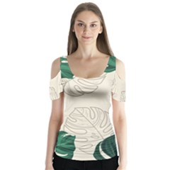 Green Monstera Leaf Illustrations Butterfly Sleeve Cutout Tee 