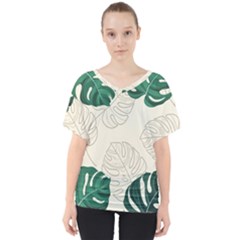 Green Monstera Leaf Illustrations V-neck Dolman Drape Top