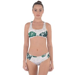Green Monstera Leaf Illustrations Criss Cross Bikini Set by HermanTelo