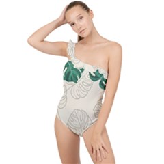 Green Monstera Leaf Illustrations Frilly One Shoulder Swimsuit by HermanTelo