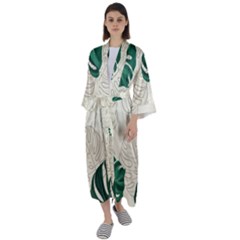 Green Monstera Leaf Illustrations Maxi Satin Kimono