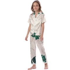 Green Monstera Leaf Illustrations Kids  Satin Short Sleeve Pajamas Set