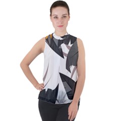 Natural Palm Plant Mock Neck Chiffon Sleeveless Top by Mariart