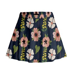 Flower White Grey Pattern Floral Mini Flare Skirt