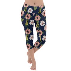 Flower White Grey Pattern Floral Lightweight Velour Capri Yoga Leggings