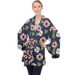 Flower White Grey Pattern Floral Long Sleeve Velvet Kimono  by Dutashop