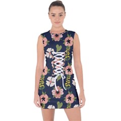 Flower White Grey Pattern Floral Lace Up Front Bodycon Dress by Dutashop