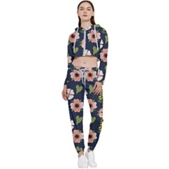 Flower White Grey Pattern Floral Cropped Zip Up Lounge Set by Dutashop