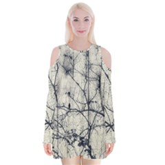 Black And White Botanical Motif Artwork 2 Velvet Long Sleeve Shoulder Cutout Dress