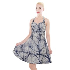 Black And White Botanical Motif Artwork 2 Halter Party Swing Dress 