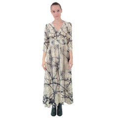 Black And White Botanical Motif Artwork 2 Button Up Maxi Dress