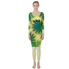 Yellow Tropical Pattern Long Sleeve Catsuit by designsbymallika
