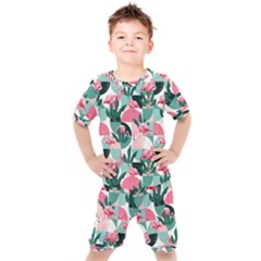Beautiful Flamingo Pattern Kids  Tee And Shorts Set by designsbymallika