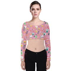 Tropical Drinks Velvet Long Sleeve Crop Top by designsbymallika