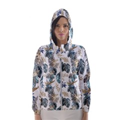 Blue Metallic Leaves Pattern Women s Hooded Windbreaker by designsbymallika